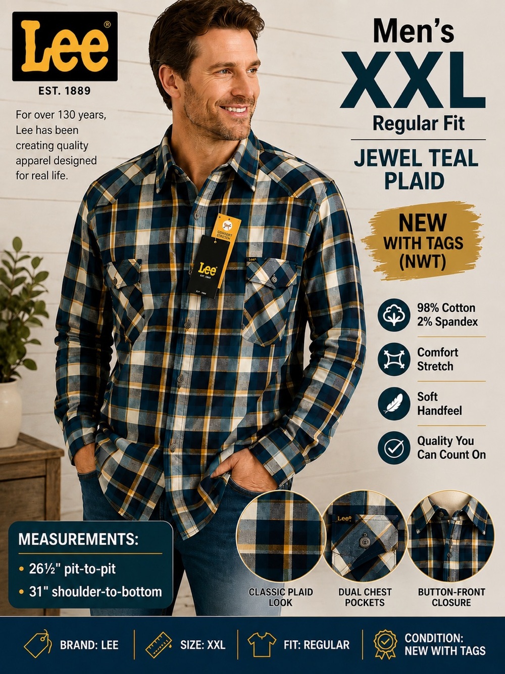 NWT Lee Men’s XXL Jewel Teal Plaid Comfort Stretch Shirt